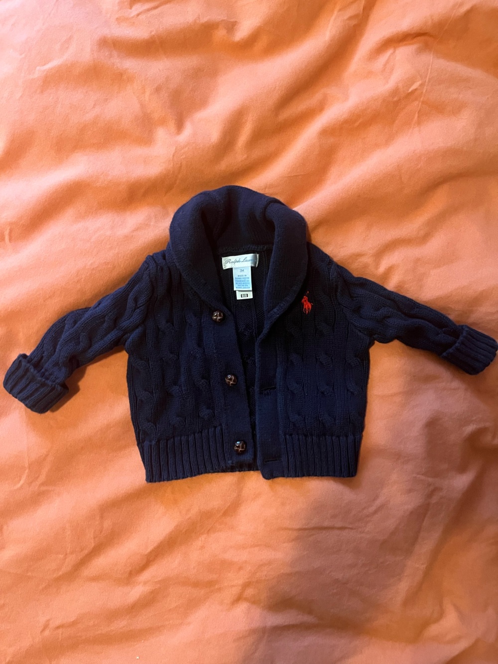 Ralph Lauren Navy Shawl Collar Cable-Knit Baby Cardigan with Red Pony